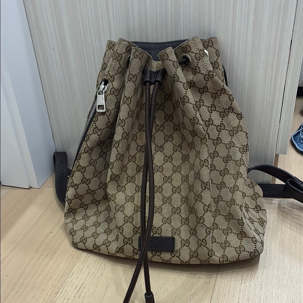 Gucci Brown Monogram Backpack with Leather Trim